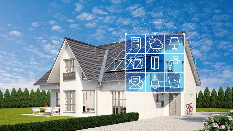 Schematische Darstellung aller Möglichkeiten für Gebäudetechnik anhand eines privaten Einfamilienhauses