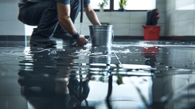 Ein Mann kniet in einem Badezimmer, das überflutet ist, neben einem Eimer.