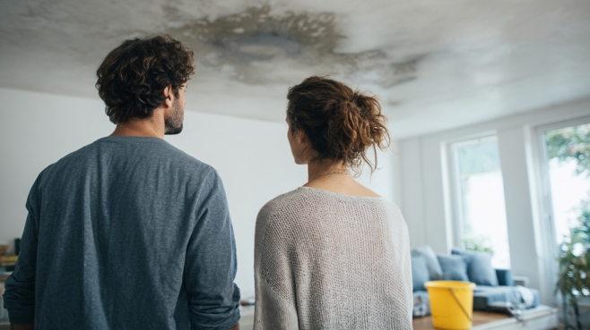 Ein Mann und eine Frau in ihrer Wohnung, die auf einen großen Wasserfleck auf ihrer Decke schauen.